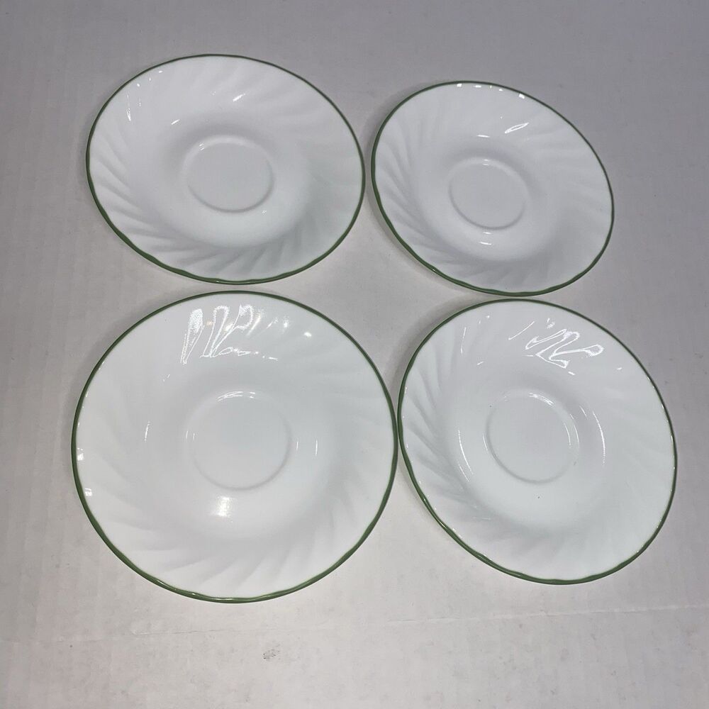 CORELLE (4) “CHUTNEY” OR “DELICATE ARRAY” 6 3/16” SAUCERS WHITE SWIRL GREEN TRIM